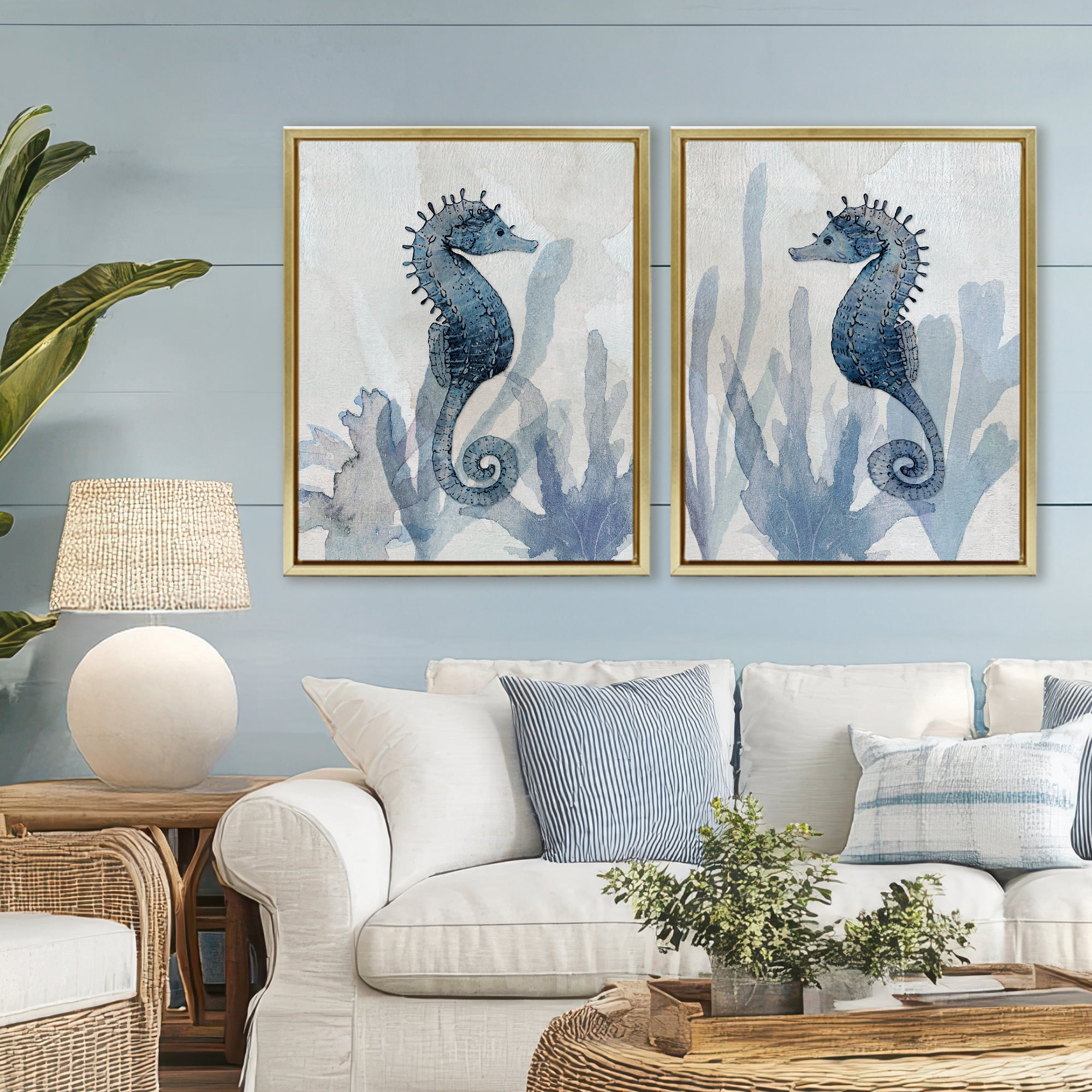 Stupell Industries Impressions of Seahorses 2 Piece Gold Framed Floater Canvas Set, design by Susan Jill