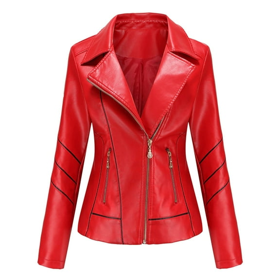 KIHOUT Jackets for Women Deals New Women's Slim Leather Stand-Up Collar Zipper Stitching Solid Color Jacket