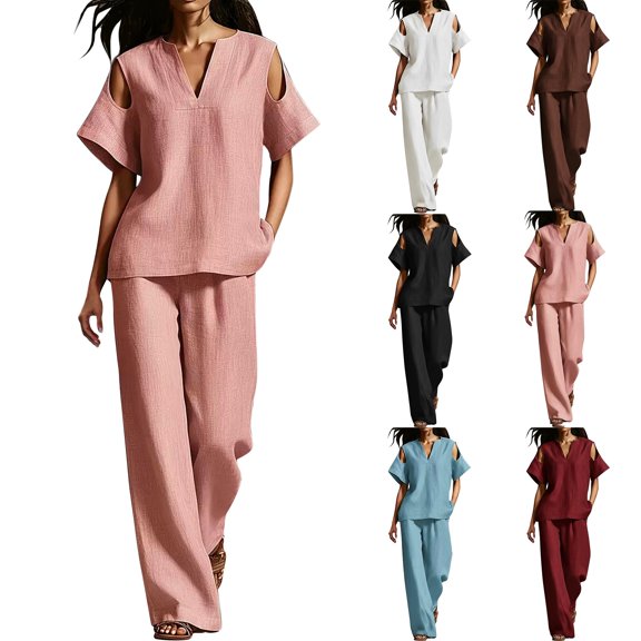 Xunmmm Women's Two Piece Set Openwork Sleeve V Neck Oversized TShirt And Wide Leg Pants Set Women 2 Piece Outfits Matching Sets 2 Piece for Women Summer Set