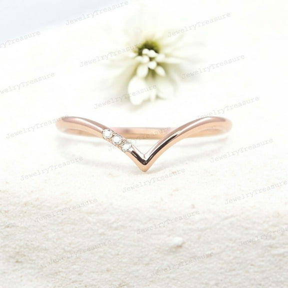 JEWELRYTREASURE CZ Diamond Ring V Shape Band Yellow Gold Plated Wedding Band Curved Statement Jewelry Birthday Gift for Mom