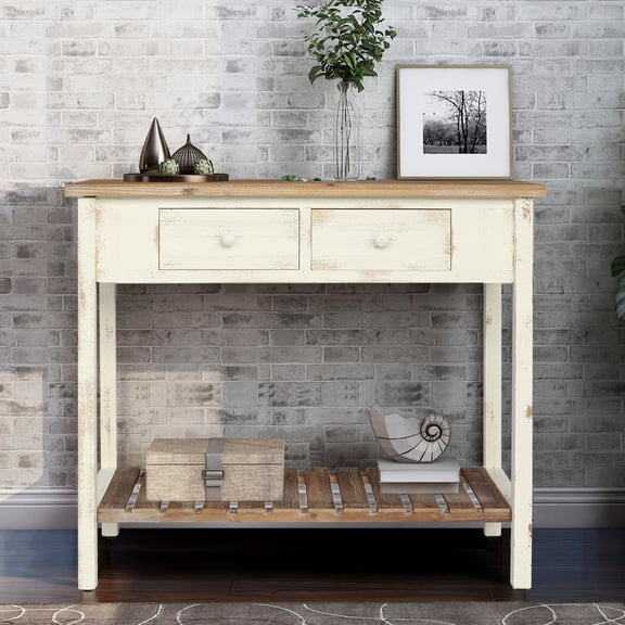 GDF Studio 35" Vintage Two-Drawer Console Table, Distressed Entryway Table with Open Shelf, Natural