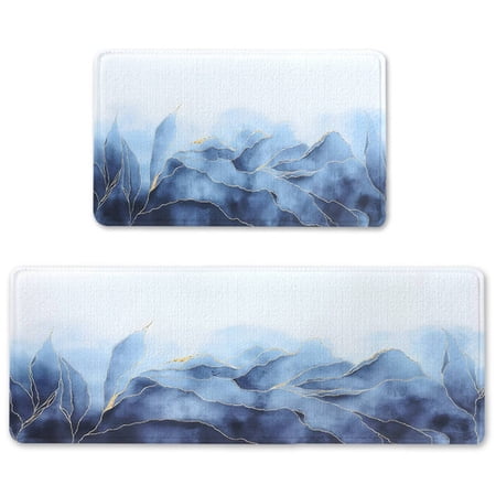 Anti Fatigue Kitchen Mat - Set of 2 Blue and Gold Abstract Design Comfort Mats Cushioned Non Slip Floor Mat Kitchen Rugs