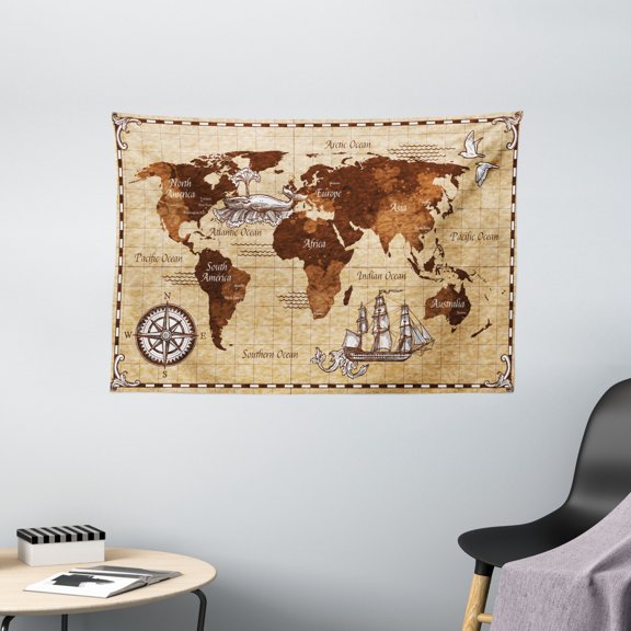 Map Tapestry, Hand Drawn Sketch Retro World Map with Lettering Old Historic Artwork Print, Wall Hanging for Bedroom Living Room Dorm Decor, 60W X 40L Inches, Brown and Sand Brown, by Ambesonne