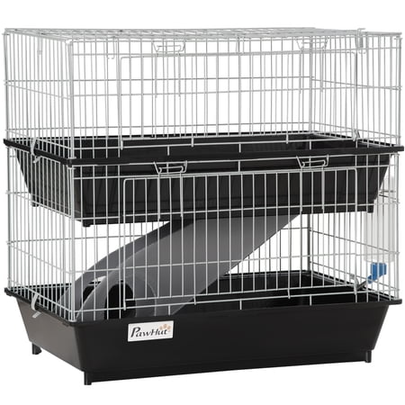 JERFIT 2-Level Small Animal Cage with Ramp, 2 Doors, Food Dish & Water Bottle for Ferrets, Guinea Pigs, Chinchillas, Hamsters, Black Metal Enclosure