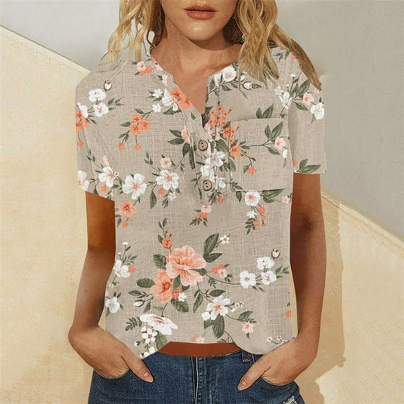 Loose Fit T-Shirts Tops For Women Short Sleeve Summer Fashion Casual Trendy Printed Tee Shirt Neckline Pocket T Shirts Ladies Blouses,Beige Women Blending Shirts XL