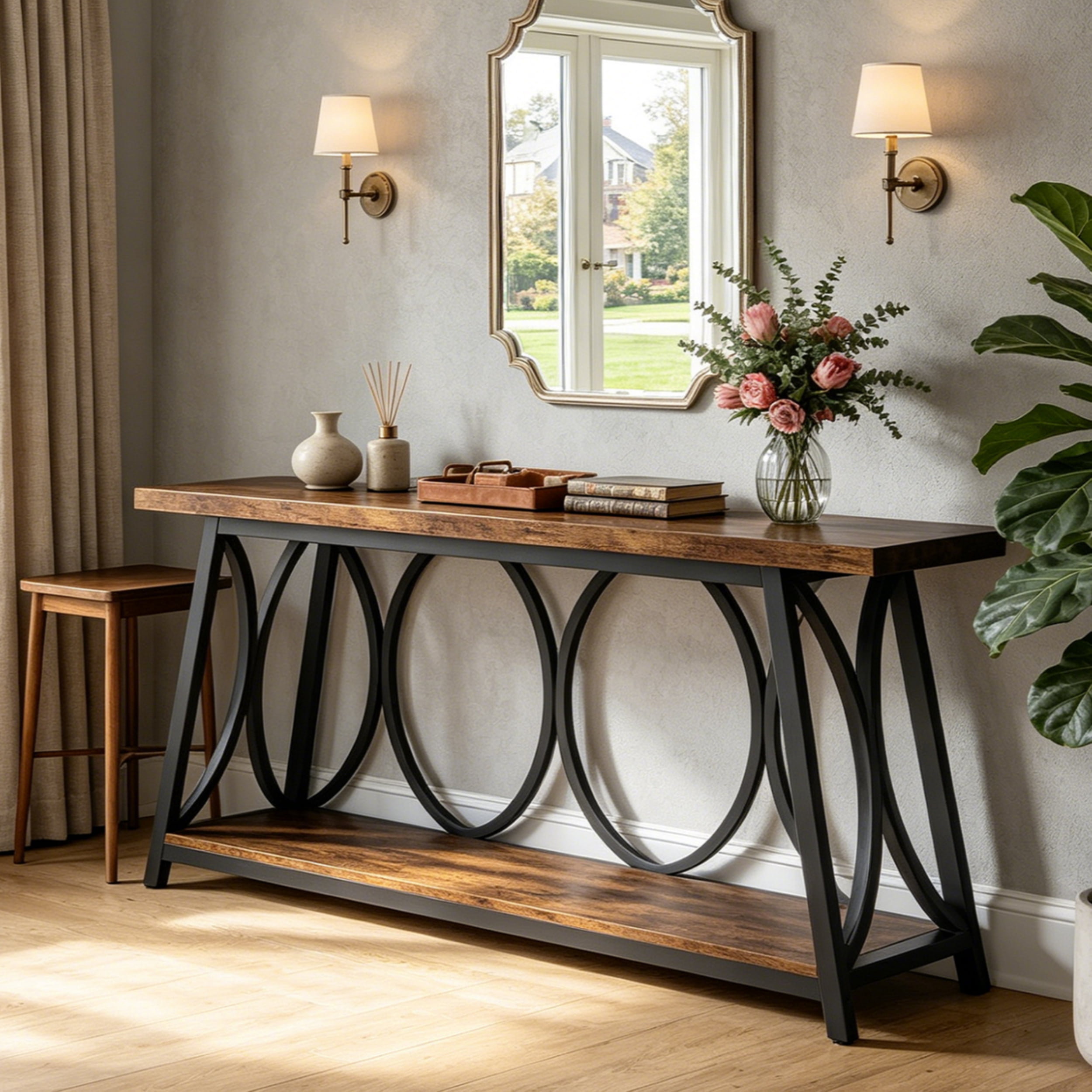 Fnova 70.87" Extra Long 2-Tier Console Table, Industrial Sofa Table with Decorative Circular Metal Frame,  Entryway Hallway Behind Couch Storage Console