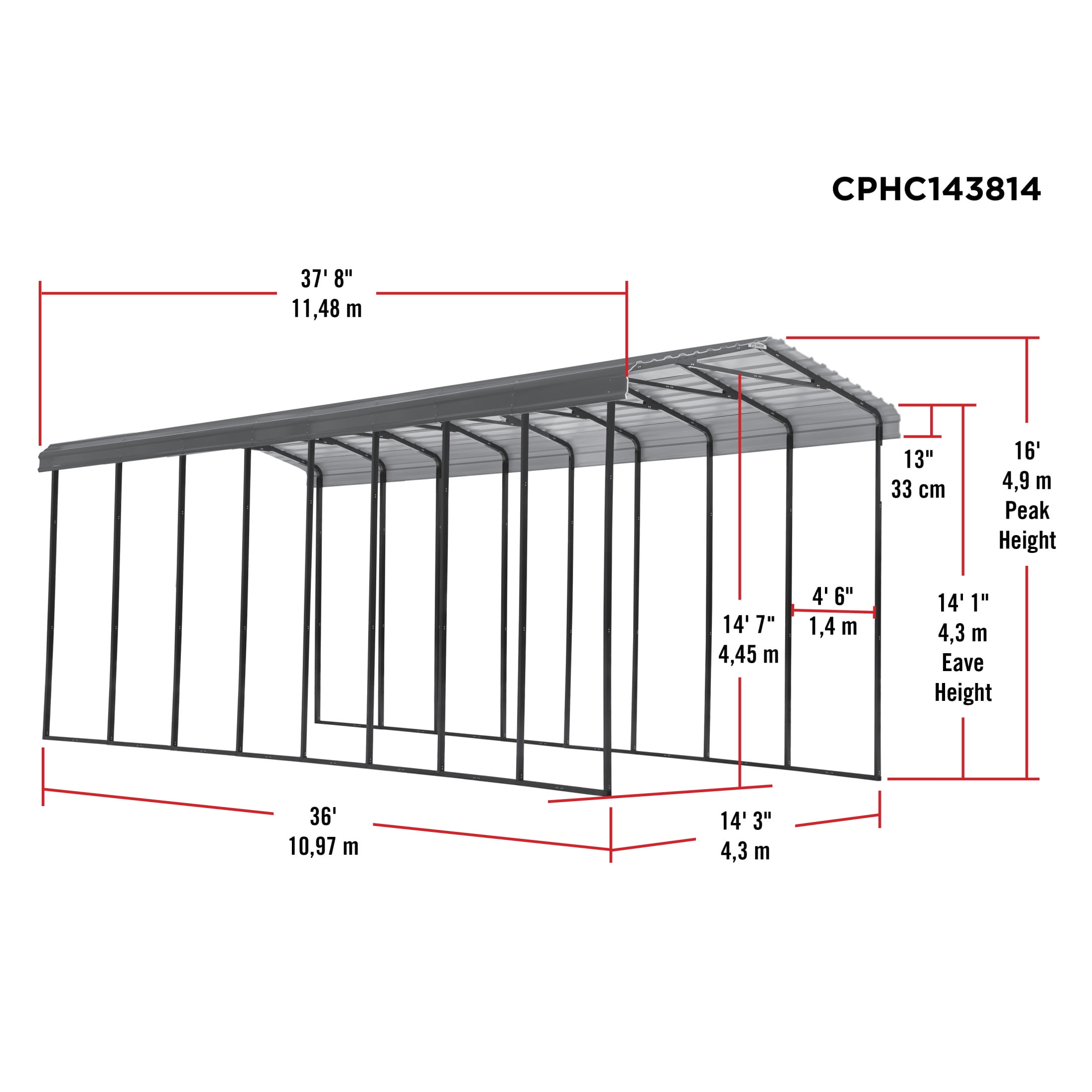 Arrow 14 x 38 x 14 ft Charcoal RV Carport
