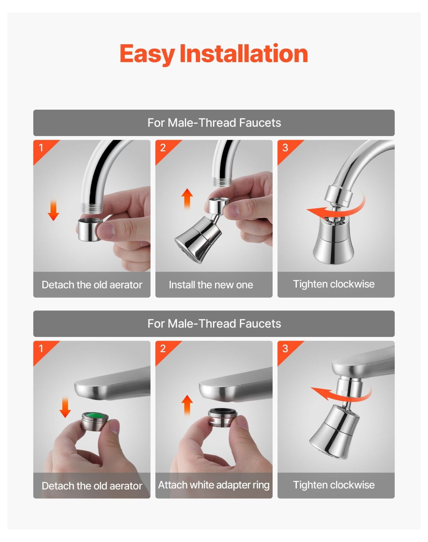Faucet Aerator 360° Swivel Kitchen Sink Aerator - 5-Flow Brass Adapter - Flexible Rotation, Easy Install, Multi-Function Spray