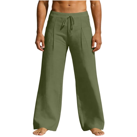 Cotton Linen Wide Leg Pants For Men Pleated Drawstring Waist Baggy Sweatpants Army Green M