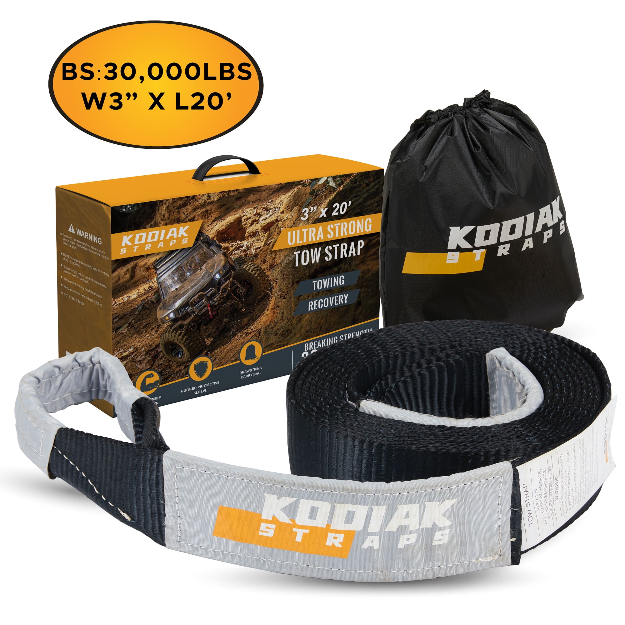 KODIAK STRAPS Tow Strap 3'' x 20ft Car Tow Straps Heavy Duty with