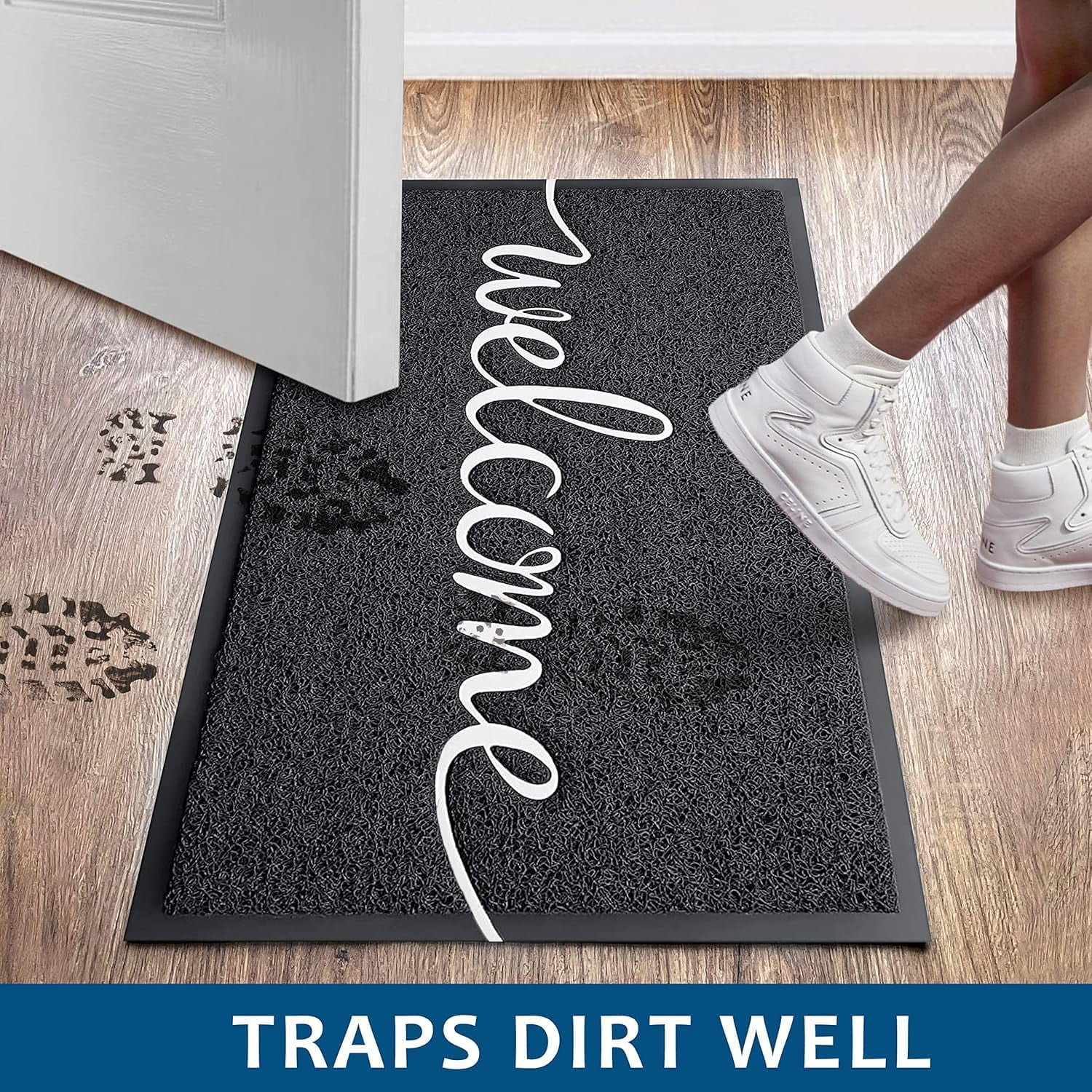 Door Mat, Welcome Mat Low Profile Floor Mat Front Doormat Indoor and Outdoor Doormat Non Slip Rugs for Entryway, Patio, High Traffic Areas (30"x17.5", Black-Welcome)