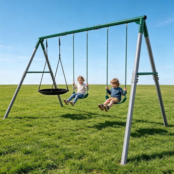 LeisureStar 700LBS Metal Swing Set for Backyard, Outdoor Heavy Duty Swing Set with 1 Saucer Swing & 2 Belt Swings for Kids, 3“Steel Frame and Adjustable Ropes, Playground Playset for Toddlers