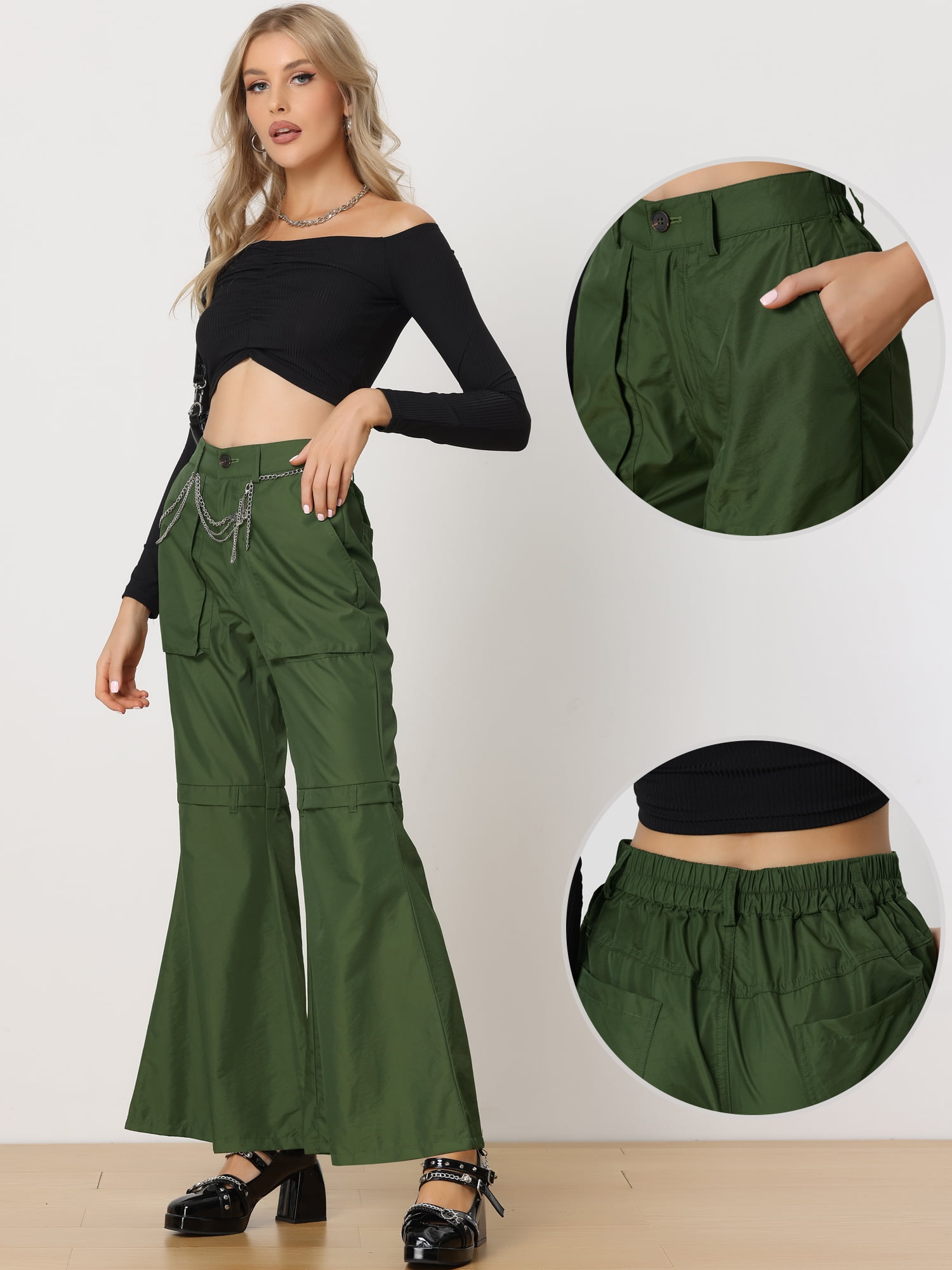 DARING DIVA Women's Cargo Baggy High Waisted Wide Leg Casual Pants M Green