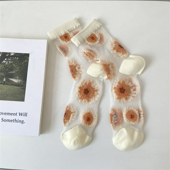 Uqiangy Nylon Socks for Women Sheer Socks Women Nylon Socks Flower Socks Summer Socks for Women Thin Floral Socks Sheer Ankle Socks Women Beige One Size