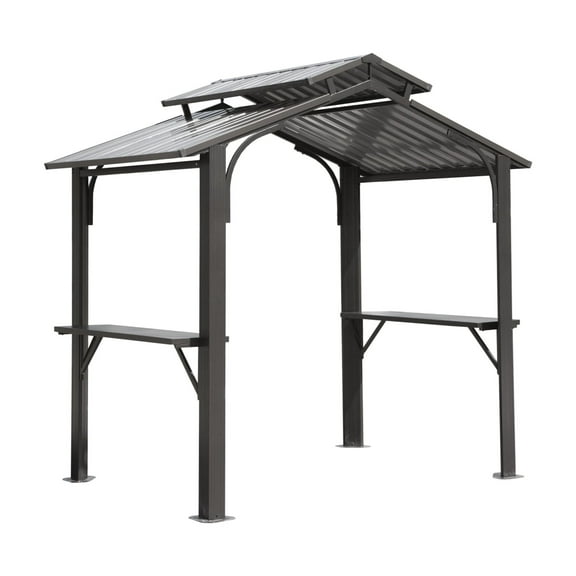 8×5FT Hardtop Grill Gazebo, Outdoor BBQ Gazebo w/Galvanized Steel Double Roof, Permanent Sun Shade Grill Canopy Shelter with 2 Side Shelves and Ceiling Hook for Patio Deck Yard Garden (Grey)