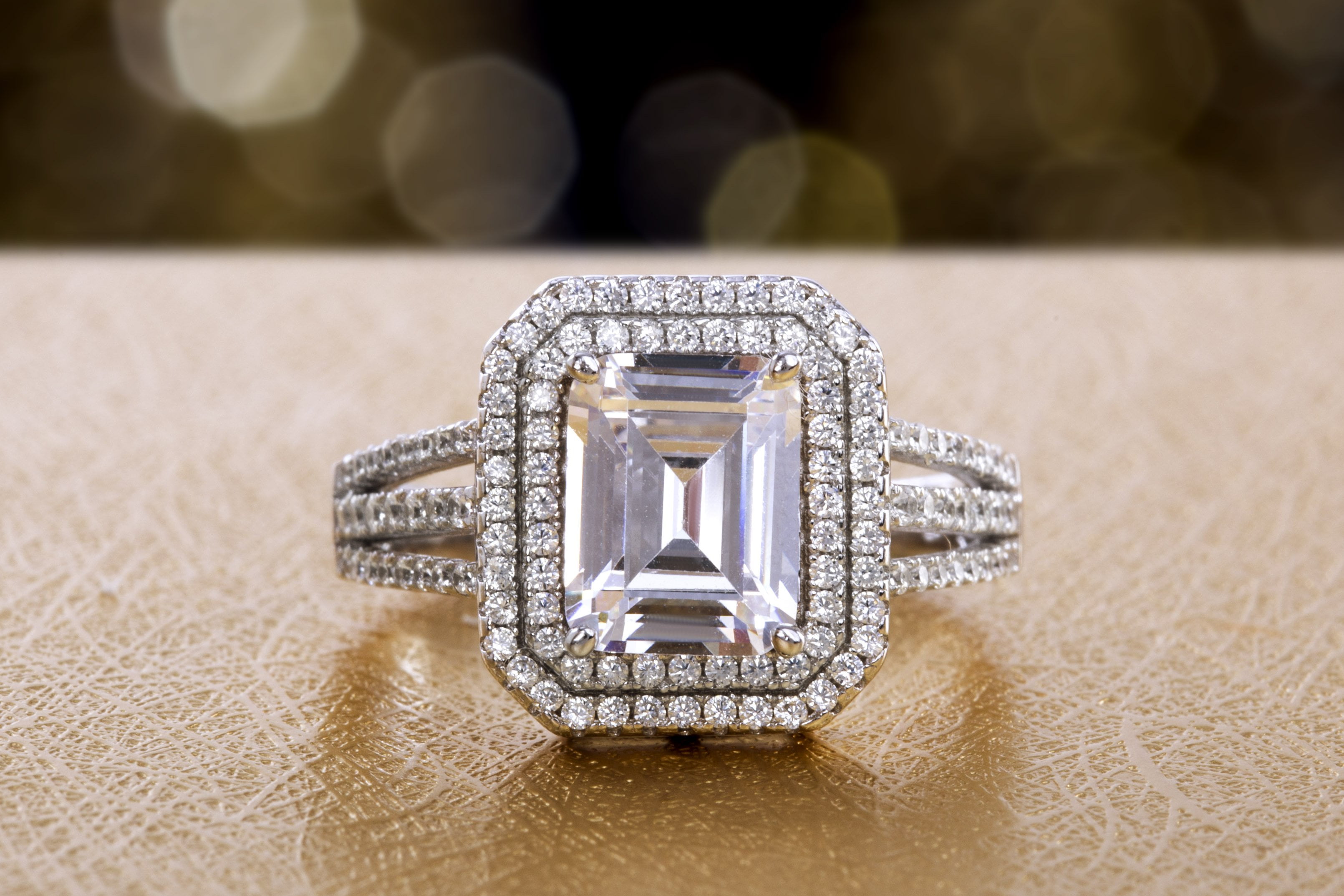 Inspired by You Emerald Cut Prong Set Cubic Zirconia Bridal Engagement Halo Ring for Women in Rhodium Plated 925 Sterling Silver