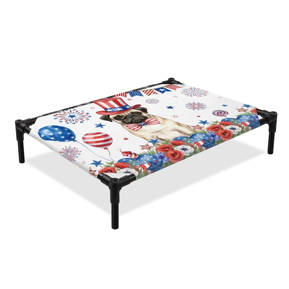 Independence Day Elevated Dog Bed, Cartoon Pug Dog Cute Puppy Red Blue Flower Cooling Breathable Outdoor Raised Dog Cot Bed with Metal Frame Non-Slip Feet for Medium Dog 24x20in