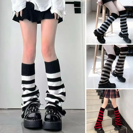 

D-GROEE 1 Pair Knee Highs Leg Warmers for Women Knee High Leg Warmer Flared Contrast Color Striped Long Socks