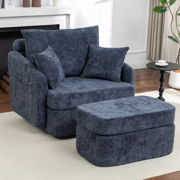 Hobooment Corduroy Swivel Chair Solid metal base 360-Degree Rotating Decorative Chair Comfortable Lounge Chair with Footstool for Living Room or Bedroom, Blue