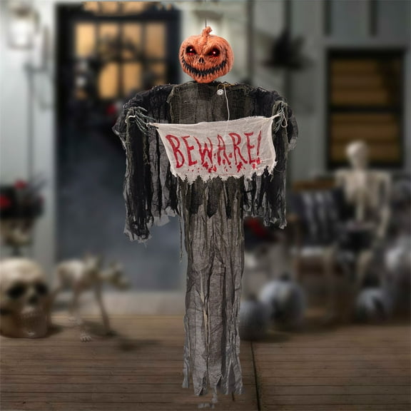 Outdoor Halloween Animatronics Decoration,67" Scary Hanging Pumpkin Ghost with Lighted Red Eyes and Spooky Sounds for Yard,Patio,Haunted House,Sounds Activated Animated Swing Head Pumpkin Props