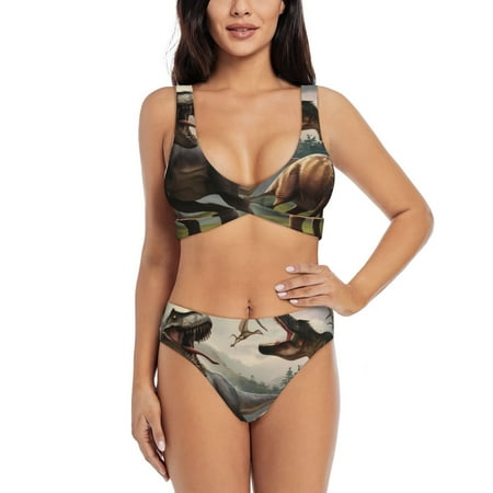 Zeuib Forest Park Dinosaur High Waisted Tummy Control Bikini Set - Knot Front Push Up Top & Cheeky Thong Bottom  Two-Piece Swimsuit for Women-X-Large