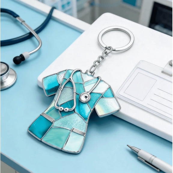 Nurse Uniform Key Chain, Shiny Stained Glass Effect Nurse Scrubs Acrylic Keychain, Portable Purse Car Key Accessory for Nurse Women Gift