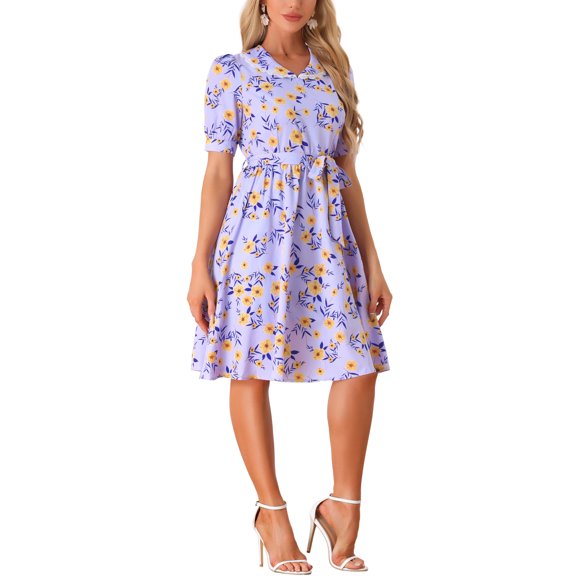 INSPIRE CHIC Women's Vintage Peter Pan Collar High Waist Flowy Midi Puff Sleeve Floral Dress M Purple