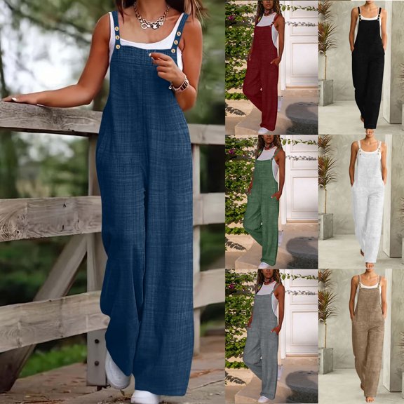 Frostluinai Women's Jumpsuits Summer Linen Overalls One Piece Outfits Sleeveless Wide Leg Pants Rompers with Pockets for Travel Vacation
