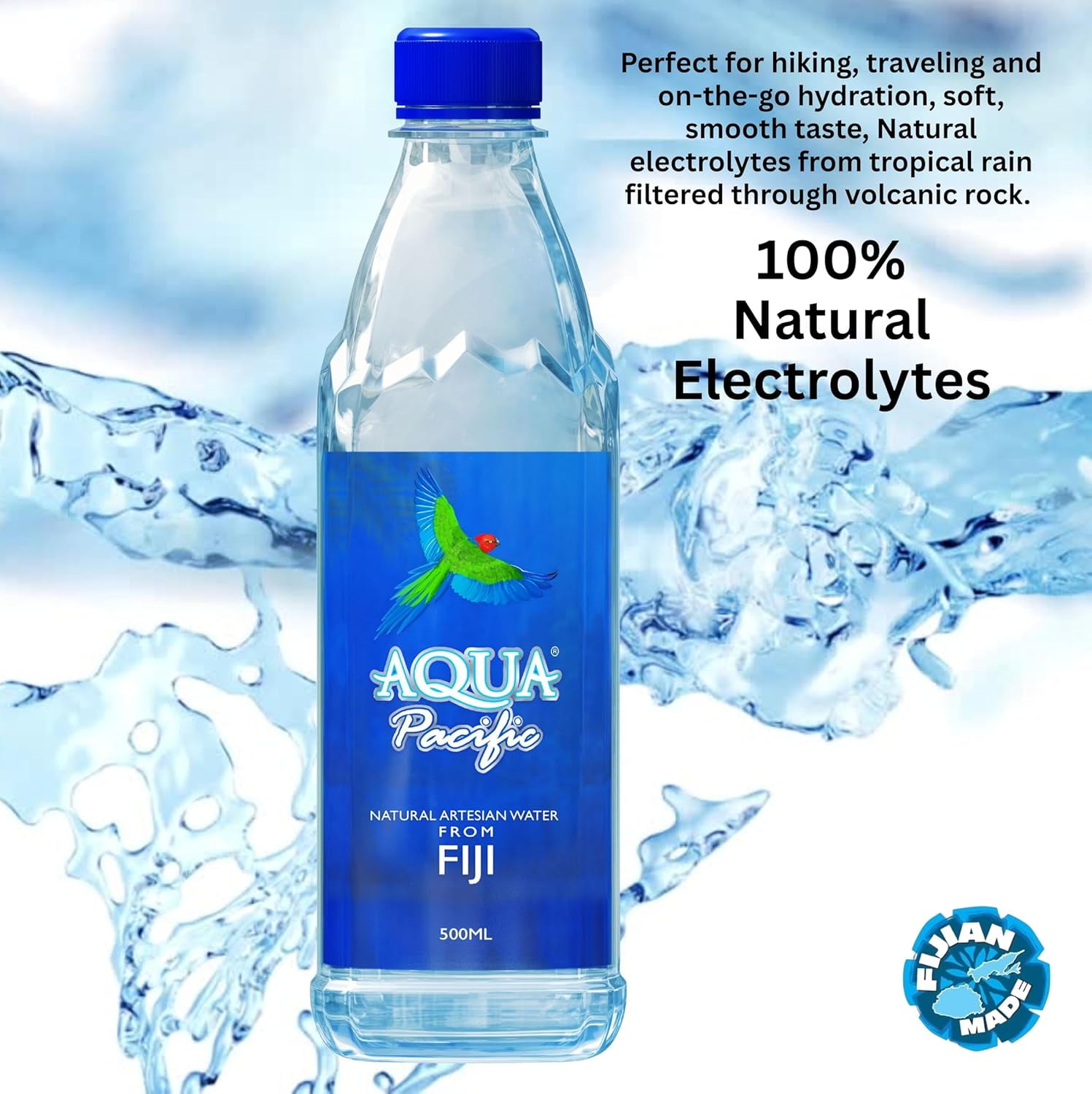 Natural Artesian Bottled Water 500mL / 16.09 Fl Oz (Pack of 24) 100% Natural Electrolytes - Natural pH 8+ Aqua Pacific Bottled Water from FIJI