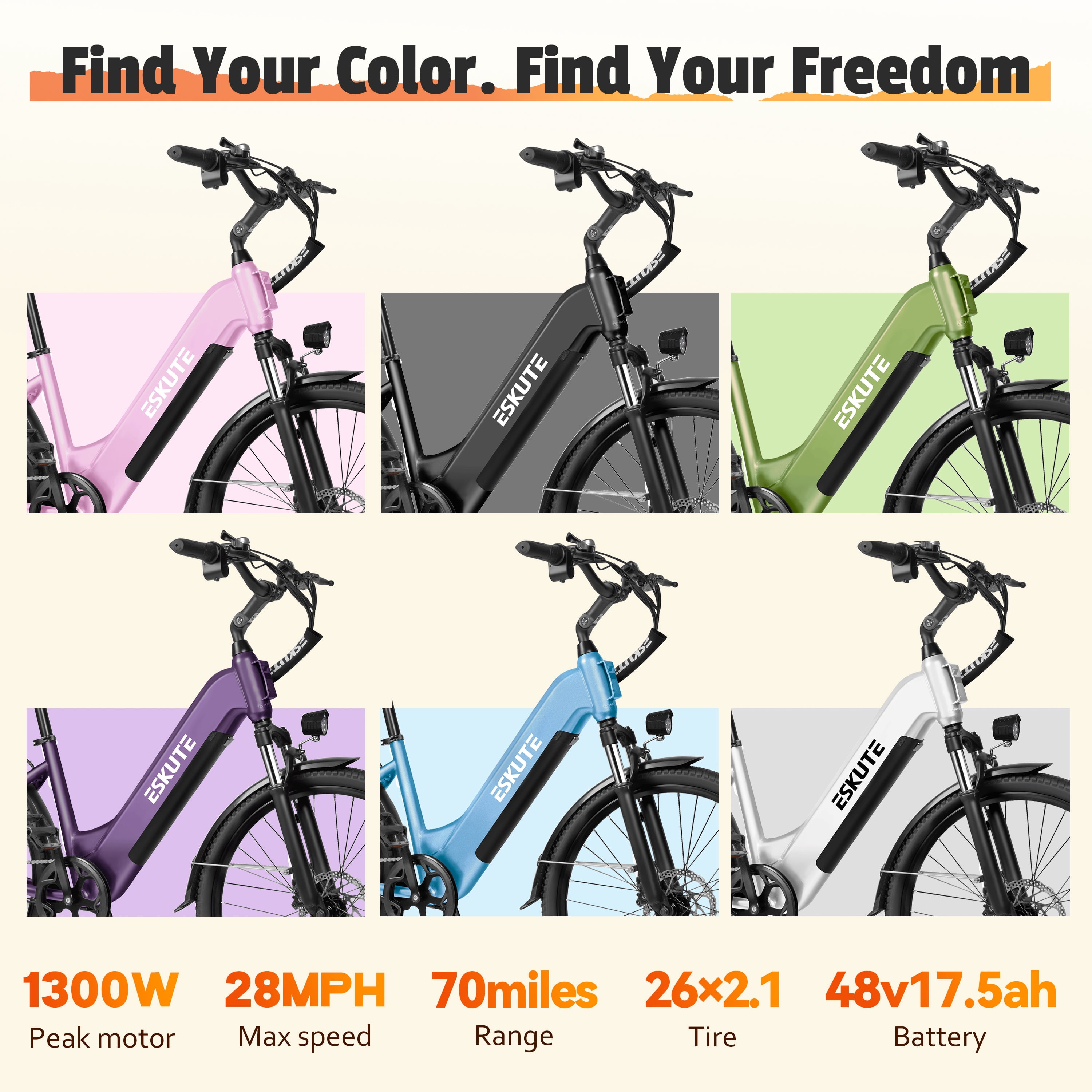 ESKUTE Electric Bike for Adults – 1300W Peak Motor, 28MPH, 840Wh Removable Battery, Up to 70-Mile Range, 26" Tires, 7-Speed Adjustable Stem, Step-Thru, Blue