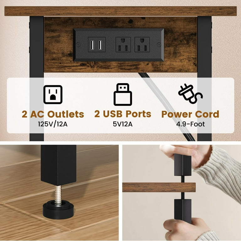 Creso Hom Tall End Table With Charging Station - 3-Tier Black Side Table, Outlets & USB Ports, 30"H