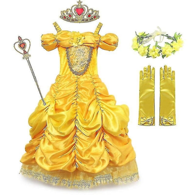 Vestido de princesa Bella para niñas, vestidos para La Bella y La Bestia, ropa de fiesta para niños, guantes de corona con palo mágico, disfraz para niños