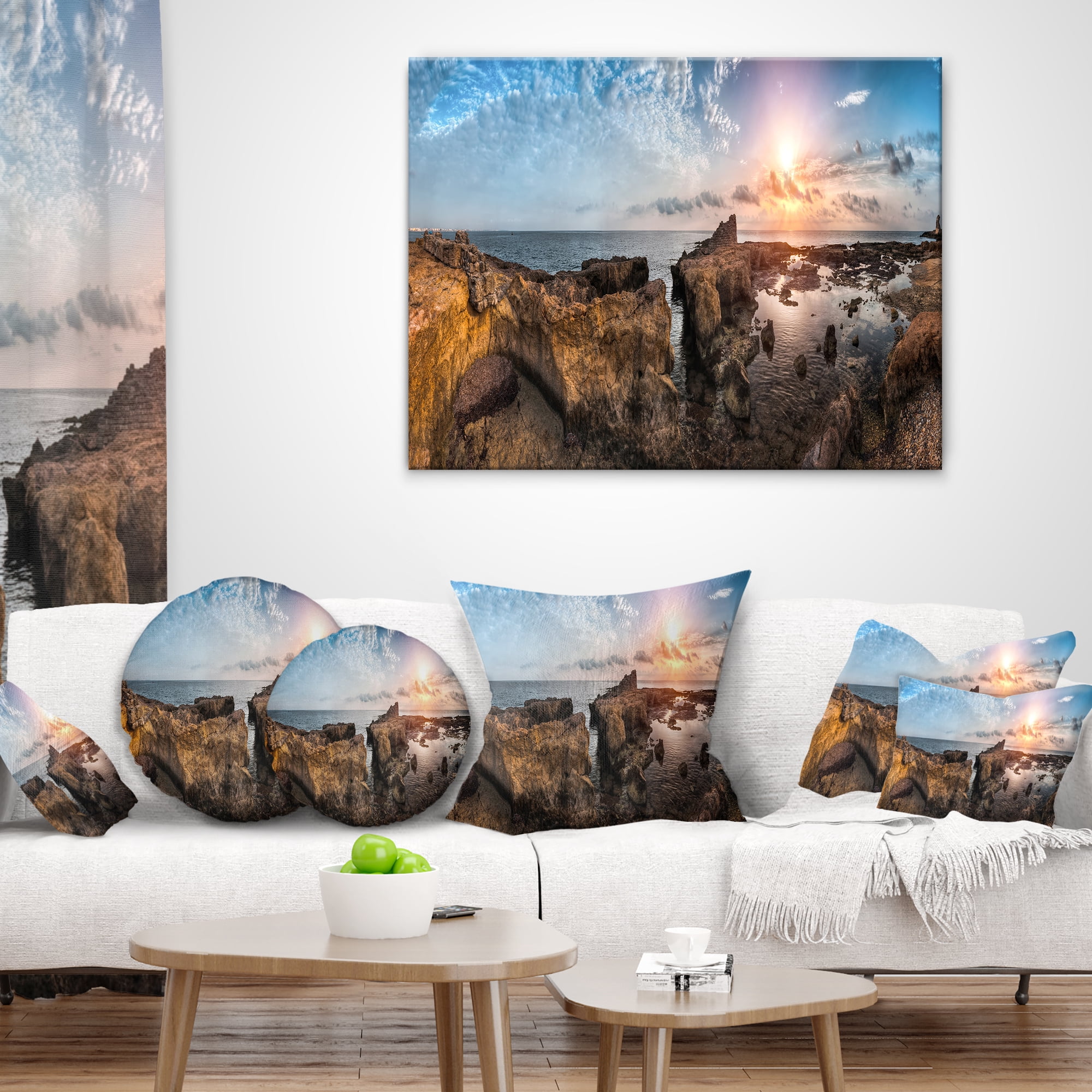 Designart Beach with Ancient Ruins Panorama - Landscape Printed Throw Pillow - 16x16