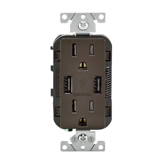 Leviton 2-Port USB Charger & Tamper-Resistant Duplex Receptacle, 15A, Brown (T5632-B)