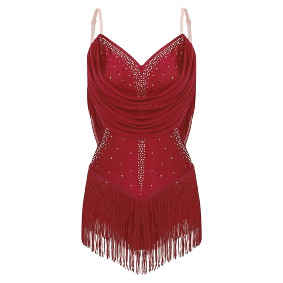 Doomiva Women's Ruched Mesh Latin Samba Dance Dress Fringe Skirted Leotard Modern Dancewear Hot Pink XL