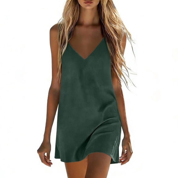 GUACER Cotton Linen Mini Dress for Women Fashion V Neck Sleeveless Sundresses Loose Casual Summer Dress