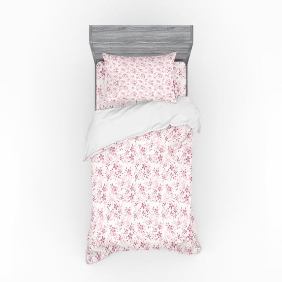 Flower Duvet Cover Set, Pink Toned Flower Petals Botany Themed Coming of the Spring Pattern, Bedding Set with Shams and Fitted Sheet, 3 Sizes, by Ambesonne