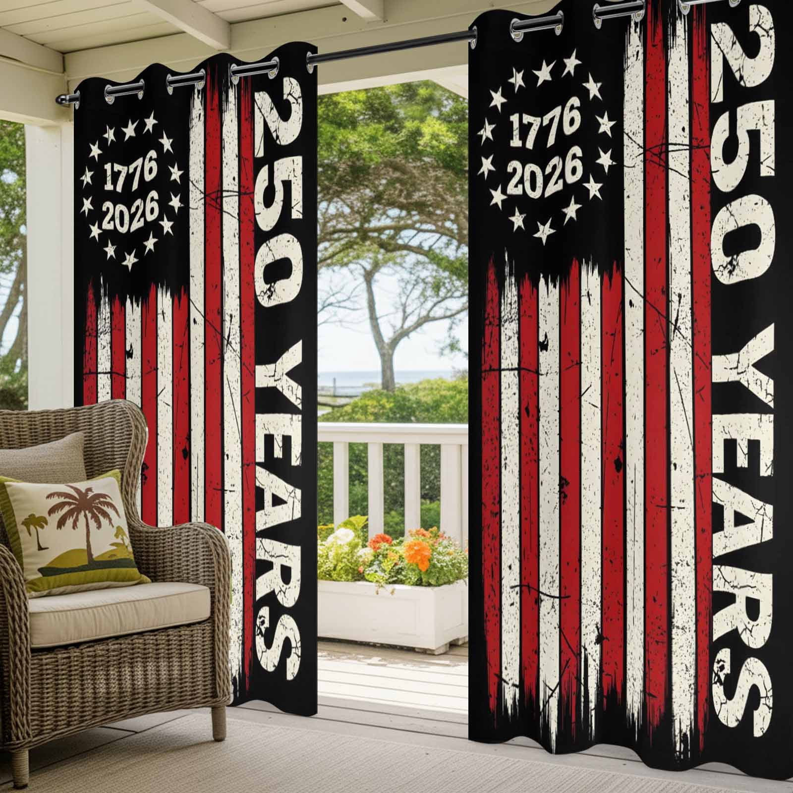 Anniversary America Flag Outdoor Curtains for Patio, Independence Day 1776 2026 Sunshade Privacy Drapes Grommet Waterproof Outside Curtains for Porch/Cabana/Balcony 54"x 108", 1 Panel