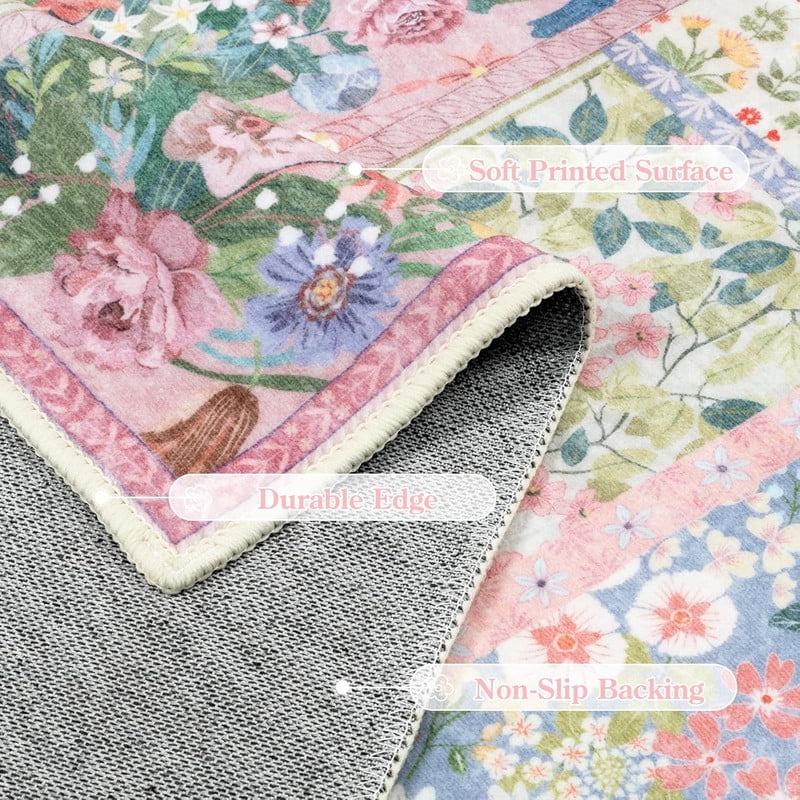 Wonnitar 8'x10' Pink Washable Area Rug - Soft Botanical Boho Carpet for Living Room, Non-Slip Ultra-Thin Rug for Bedroom Under Bed, Dining Room Home Office