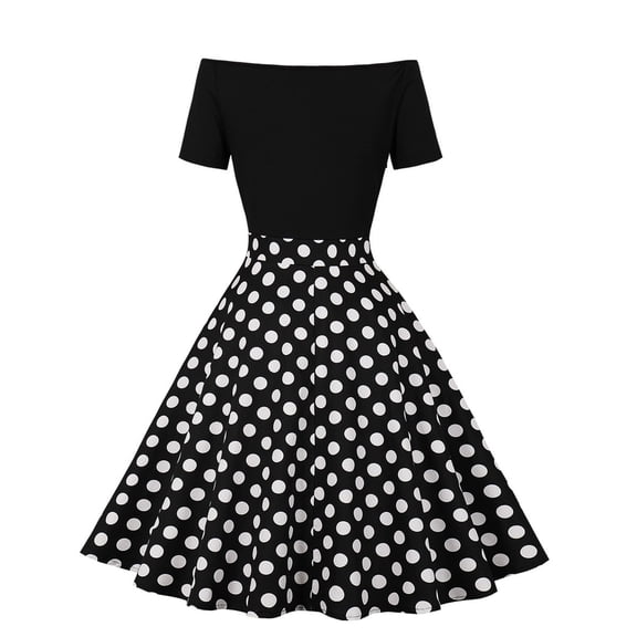 XIAOCHA Women's Polka Dot Dress Fitted Flared off Shoulder Short Sleeves Retro Swing Dress Stretchy Vintage Party Dresses