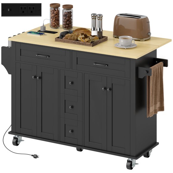 HOMCOM 55" Kitchen Island with Power Outlet & Drop Leaf Kitchen Cart Black