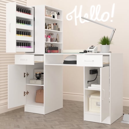 NAIYUFA Manicure Table Nail Desk for Nail Tech with Glass Top & Wrist Rest,Nail Desk Station with Power Outlets,Shelves, Storage Cabinets, Drawers,Beauty Salon Workstation(White)