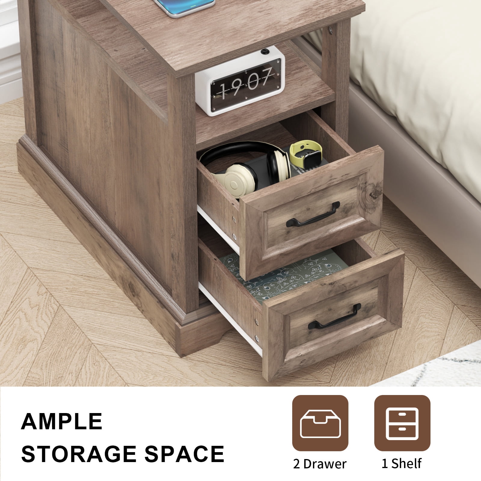 Hommpa 2 Drawers End Tables With Charging Station For Living Room, Farmhouse Narrow Sofa Side Table For Small Spaces, Nightstand Bedside Table with Storage For Bedroom, Light Ivory