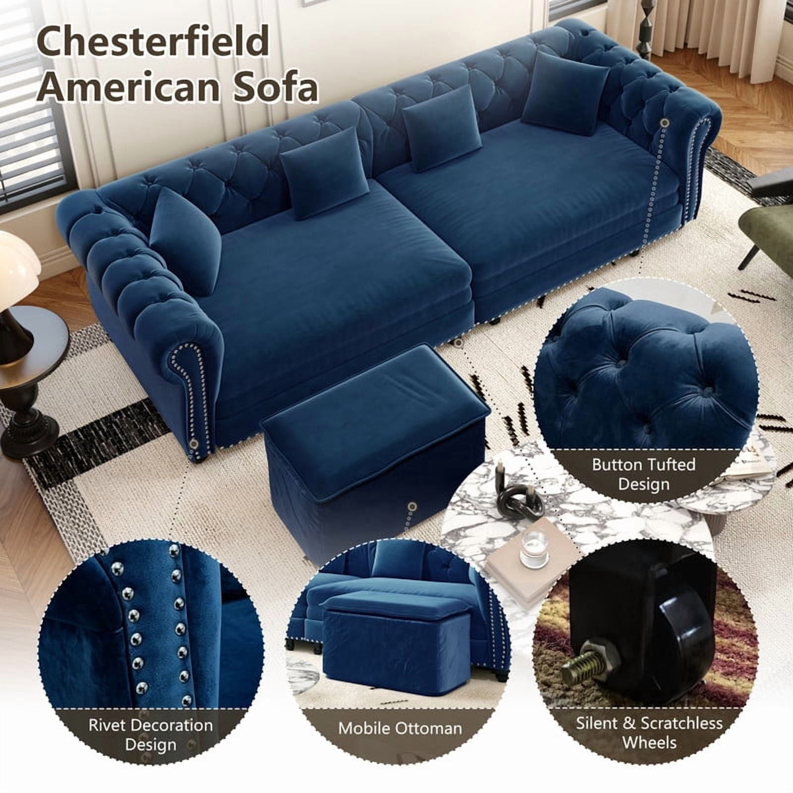 3-in-1 Pull-Out Sofa Bed, 89'' Chesterfield Sofa, Convertible Sleeper Sofa Bed, King Size Sofa Bed, Chaise Lounge, Tufted Design Velvet 3-Seater Sofa with Movable Ottoman