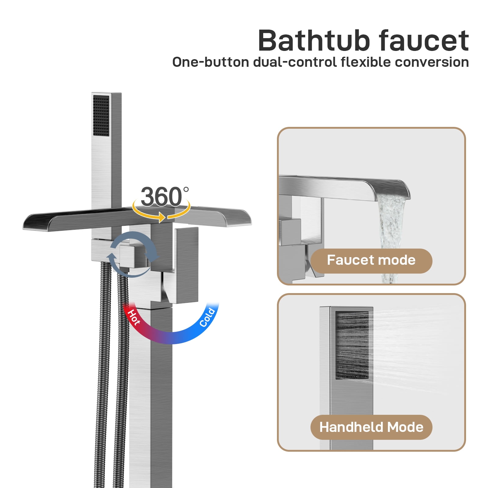 Bathtub Faucet, Floor Mount Bathtub Faucet Freestanding Tub Faucet Standing Bathtub Filler, High-Flow Bath Shower Faucet with Handheld Sprinkler