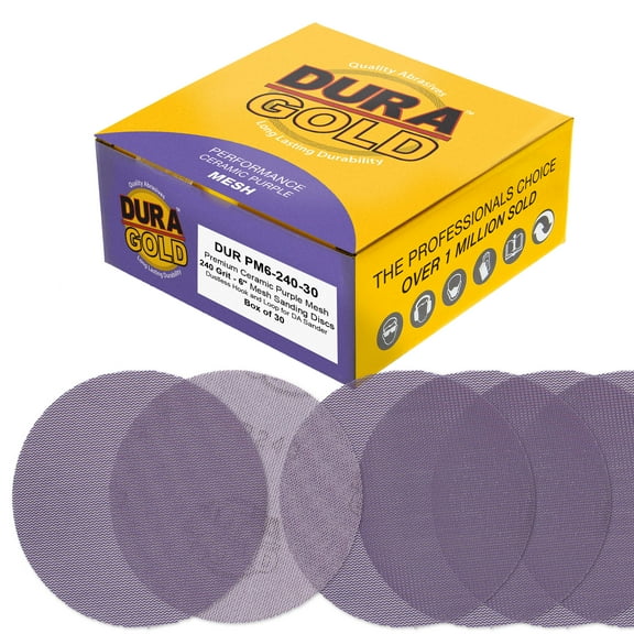 Dura-Gold Premium 240 Grit 6" Purple Ceramic Mesh Sanding Discs, Box of 30 - Dustless Hook & Loop Backing Sandpaper for DA & Random Orbital Sanders - Long-Lasting Fast Cut - Woodworking, Auto Paint