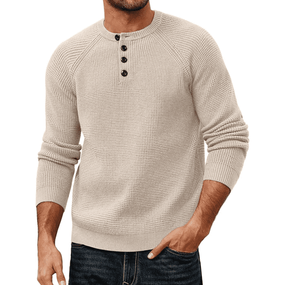 Olaglory Mens Sweaters Crewneck Waffle Pullover Sweater, Casual Button Textured Knit Henley Sweaters for Men, Beige