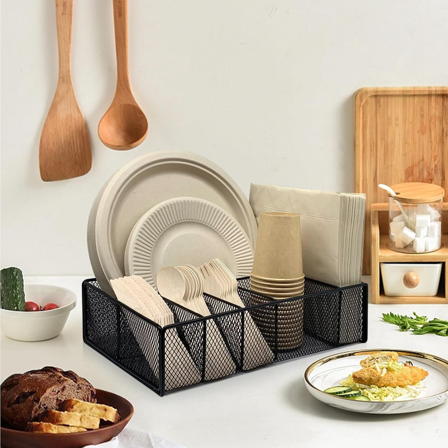HBlife Paper Plate Organizer for Countertop, Metal 6 Compartments Kitchen Utensil Holder