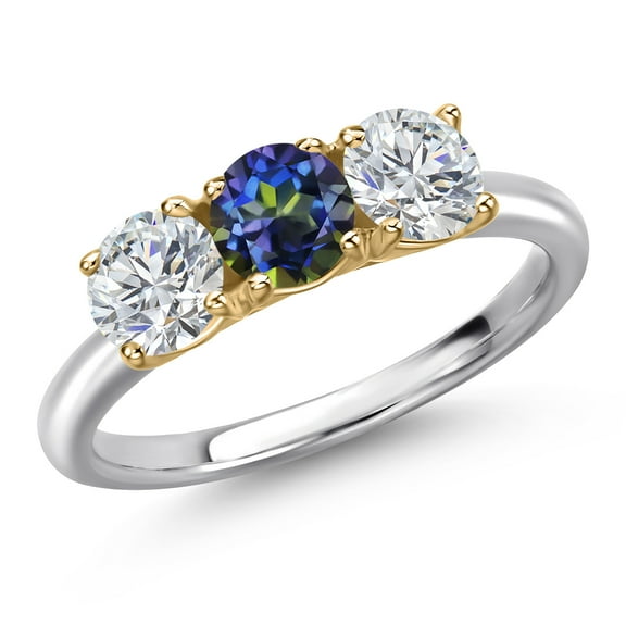 Gem Stone King 10K Two Tone Gold Blue Mystic Topaz and Lab Grown Diamond Engagement Ring for Women | 1.50 Cttw | Round 5MM | Gemstone November Birthstone | Size 6