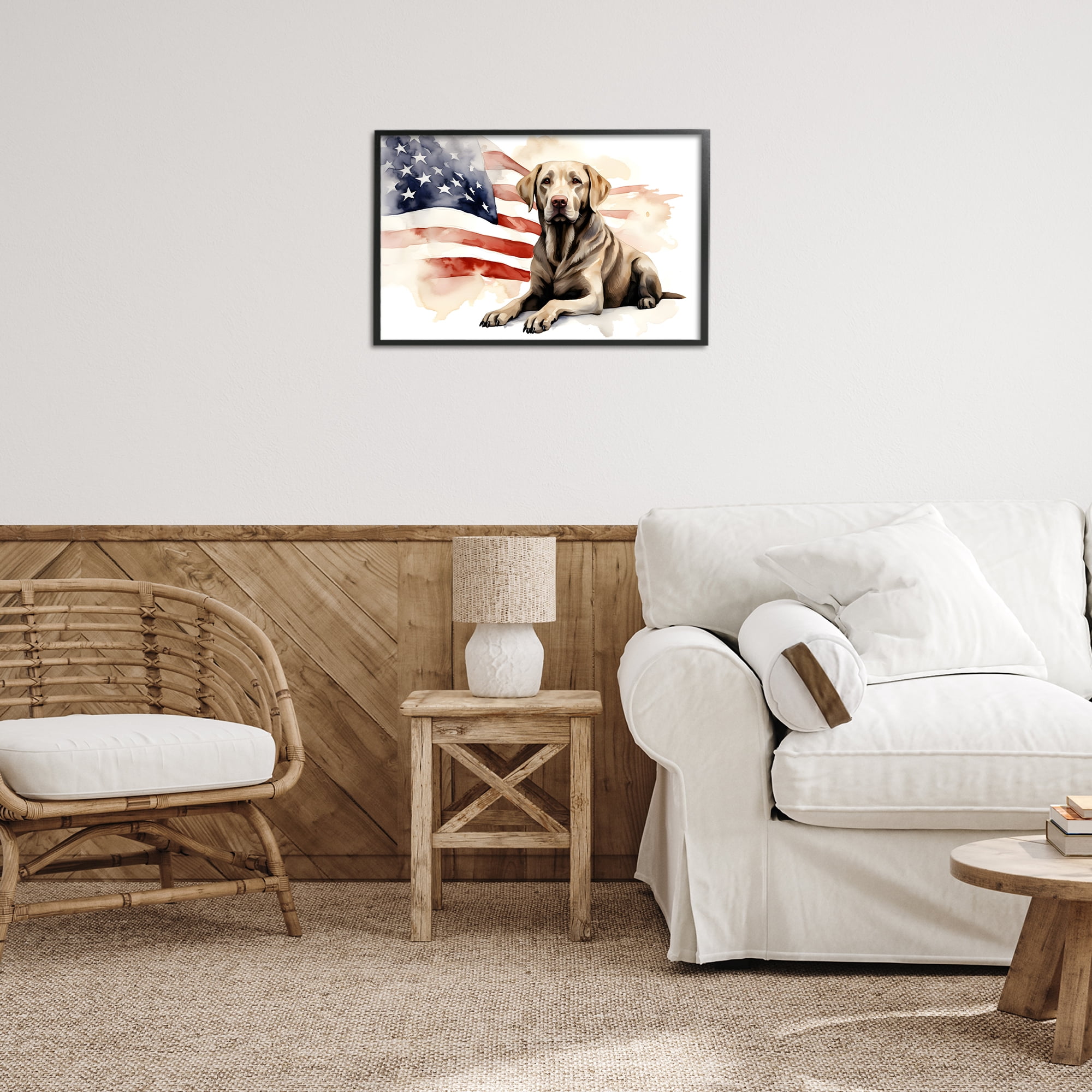 Stupell Industries Patriotic Dog with Flag Animals & Insects Painting Black Framed Art Print Wall Art, 24 x 16